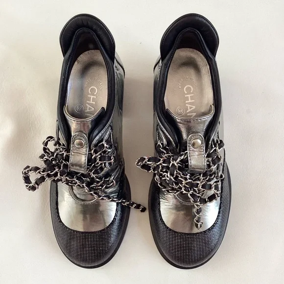 Chanel Black and Silver Leather Chain Link Lace Up Shoes NWOT SZ 6.5/36.5 - Picture 2 of 13